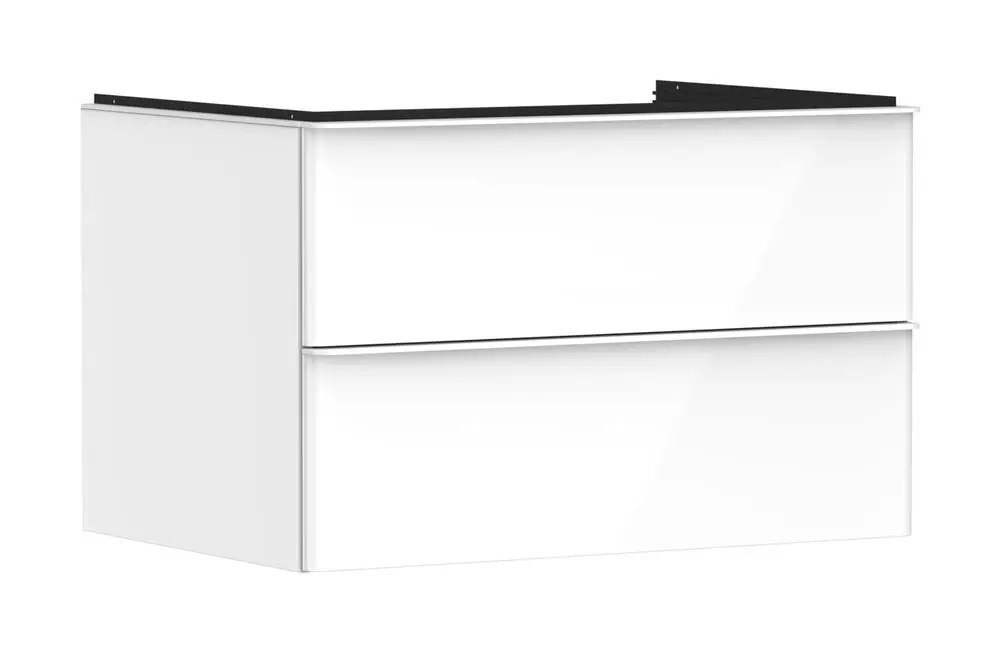 Weißer Waschtischunterschrank von Hansgrohe mit zwei Schubkästen und glatter Oberfläche, geeignet für einen Konsolen-Aufsatzwaschtisch.